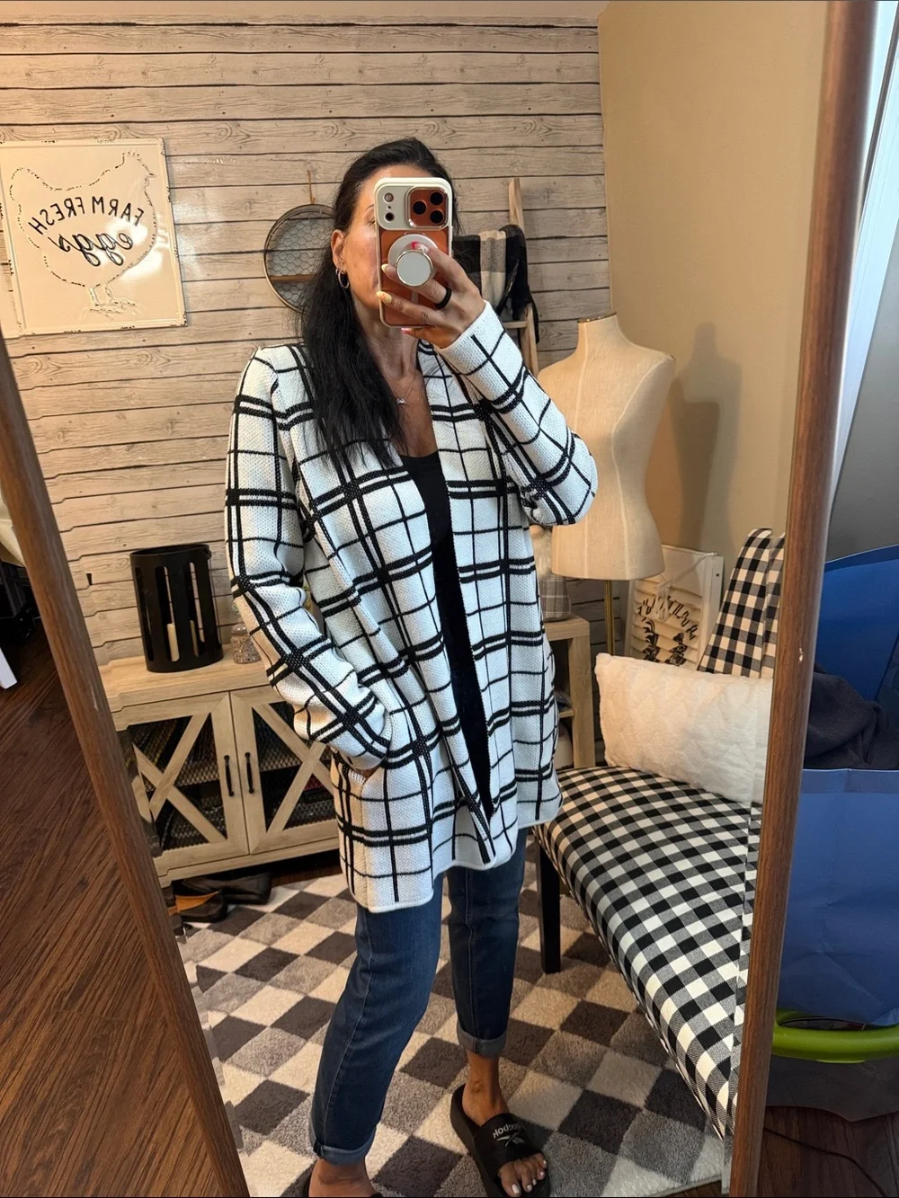 Black & White Windowpane Open Knit Cardigan